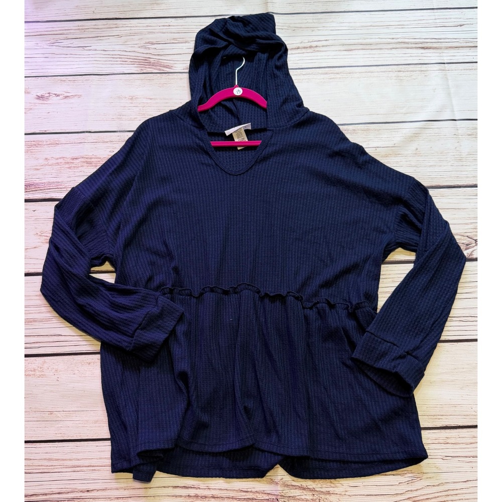 Janette Plus Navy Blue Waffle Knit Peplum Hoodie Top V-Neck 3X